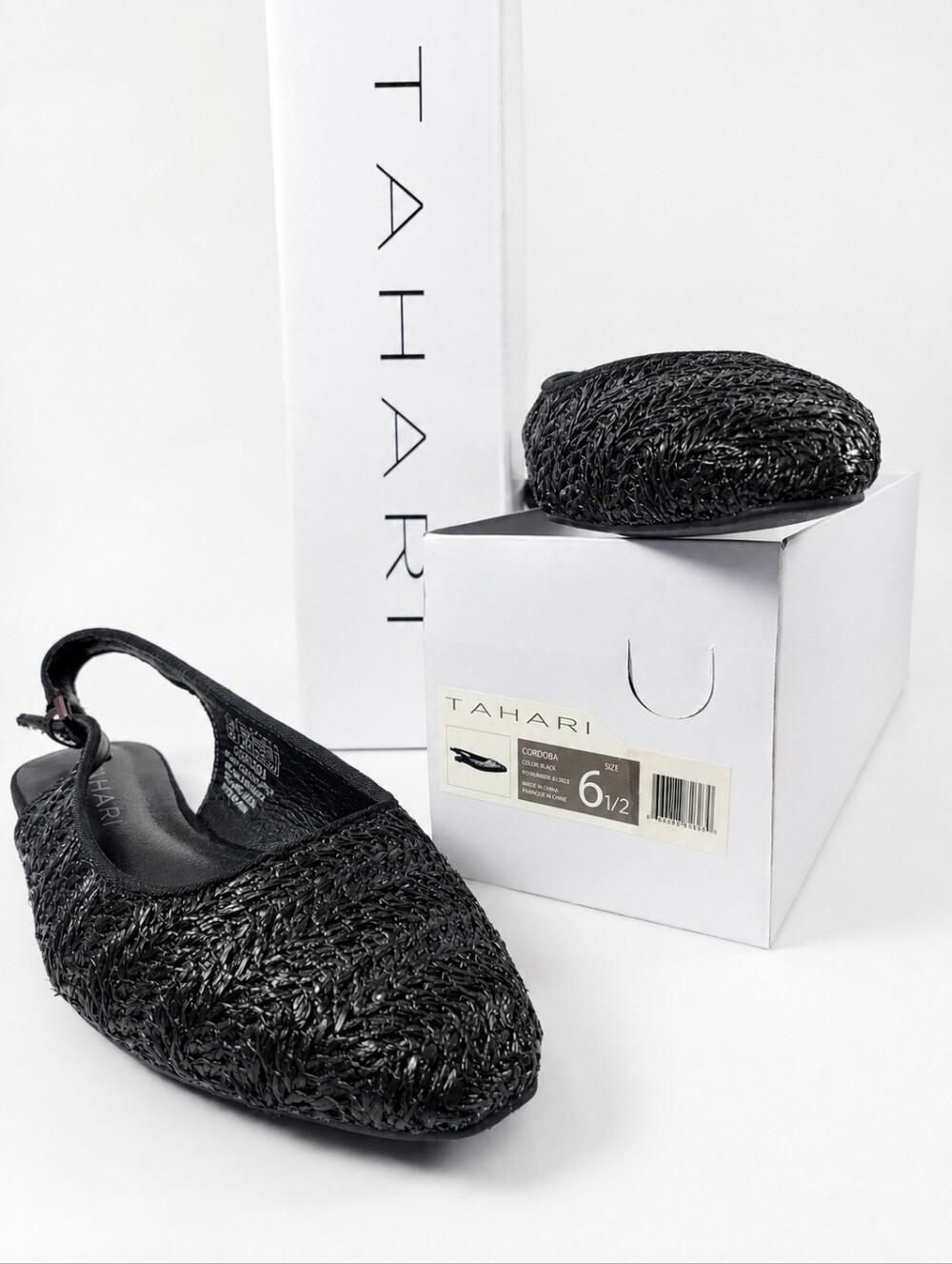 Tahari Cordoba Black Woven Pointed Toe Slingback Flats Multiple Sizes